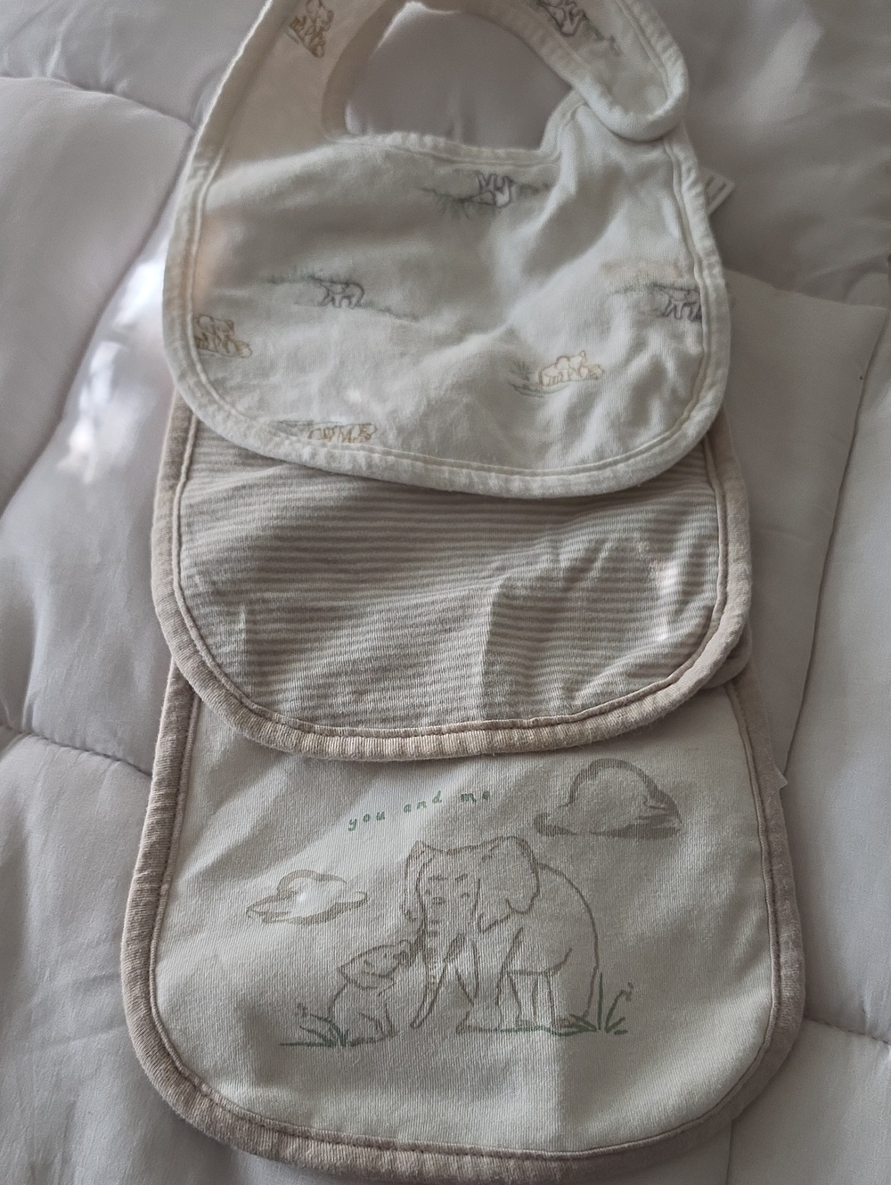 3/$6 Neutral Elephant Print Baby Bib Set - Beige 3 Pack